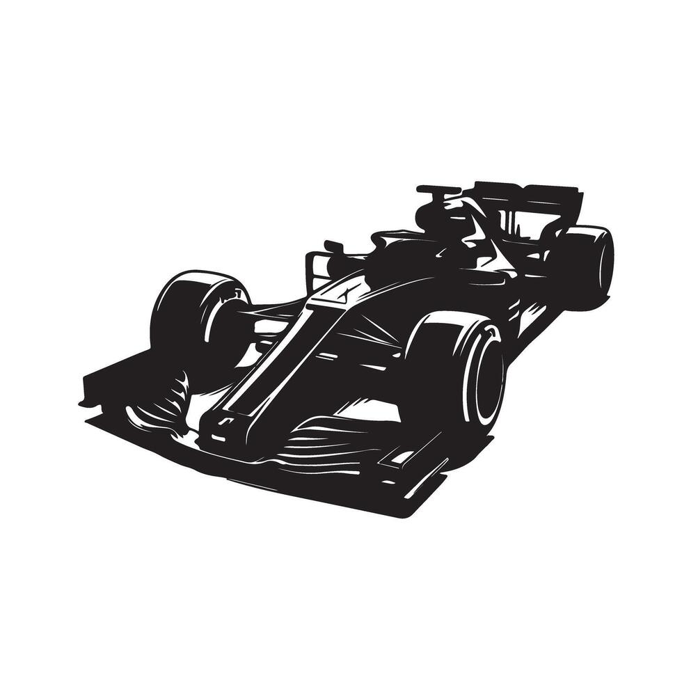 A black and white drawing of a racing car vector