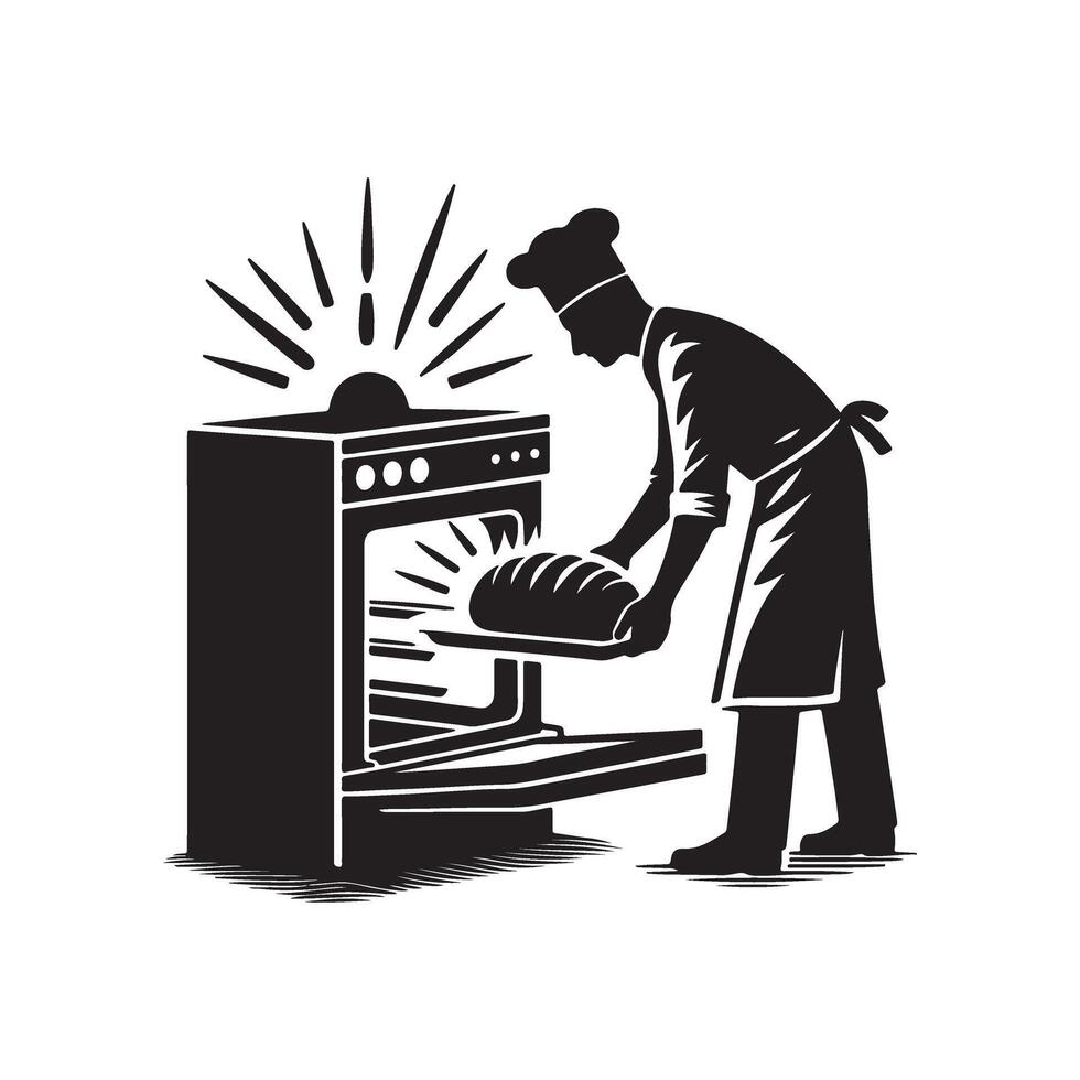 A black and white illustration of a man putting bread in an oven vector