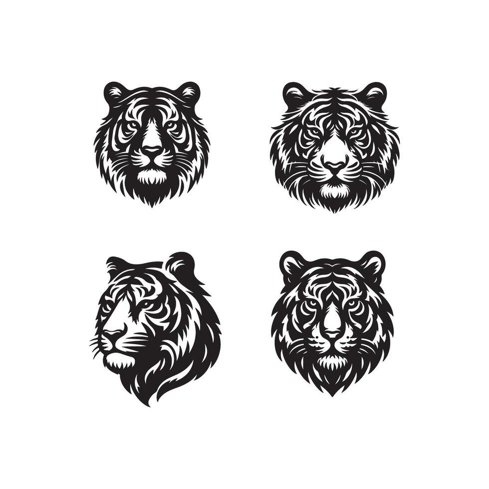 Four tigers head designs in black and white vector