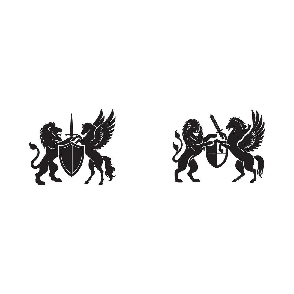 Two black and white images of two lions and a shield vector