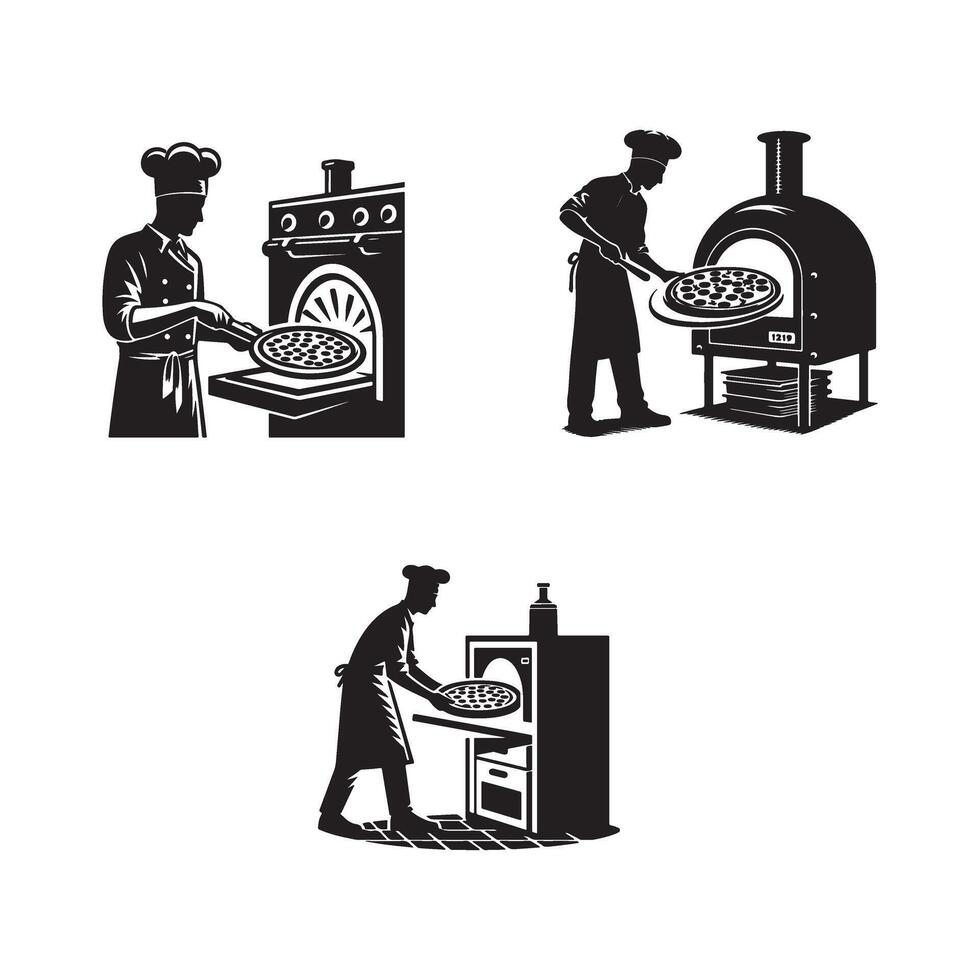 Pizza chef and pizza oven icon set vector