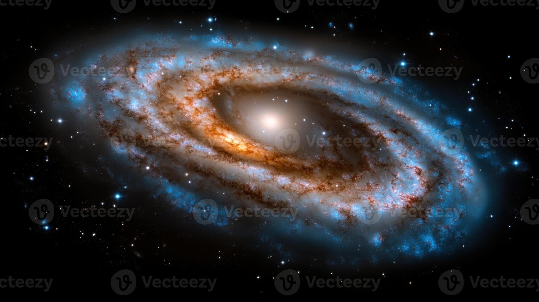 A magnificent spiral galaxy is on display, revealing its intricate structure with glowing arms and a bright core. This cosmic beauty showcases vibrant hues against the dark backdrop of space photo
