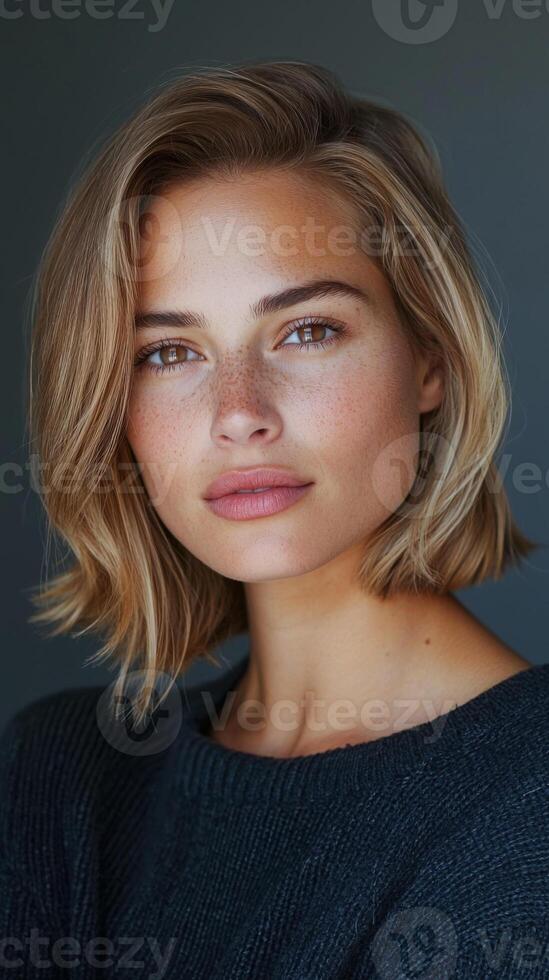 A beautiful blonde woman with freckles and a blue sweater photo