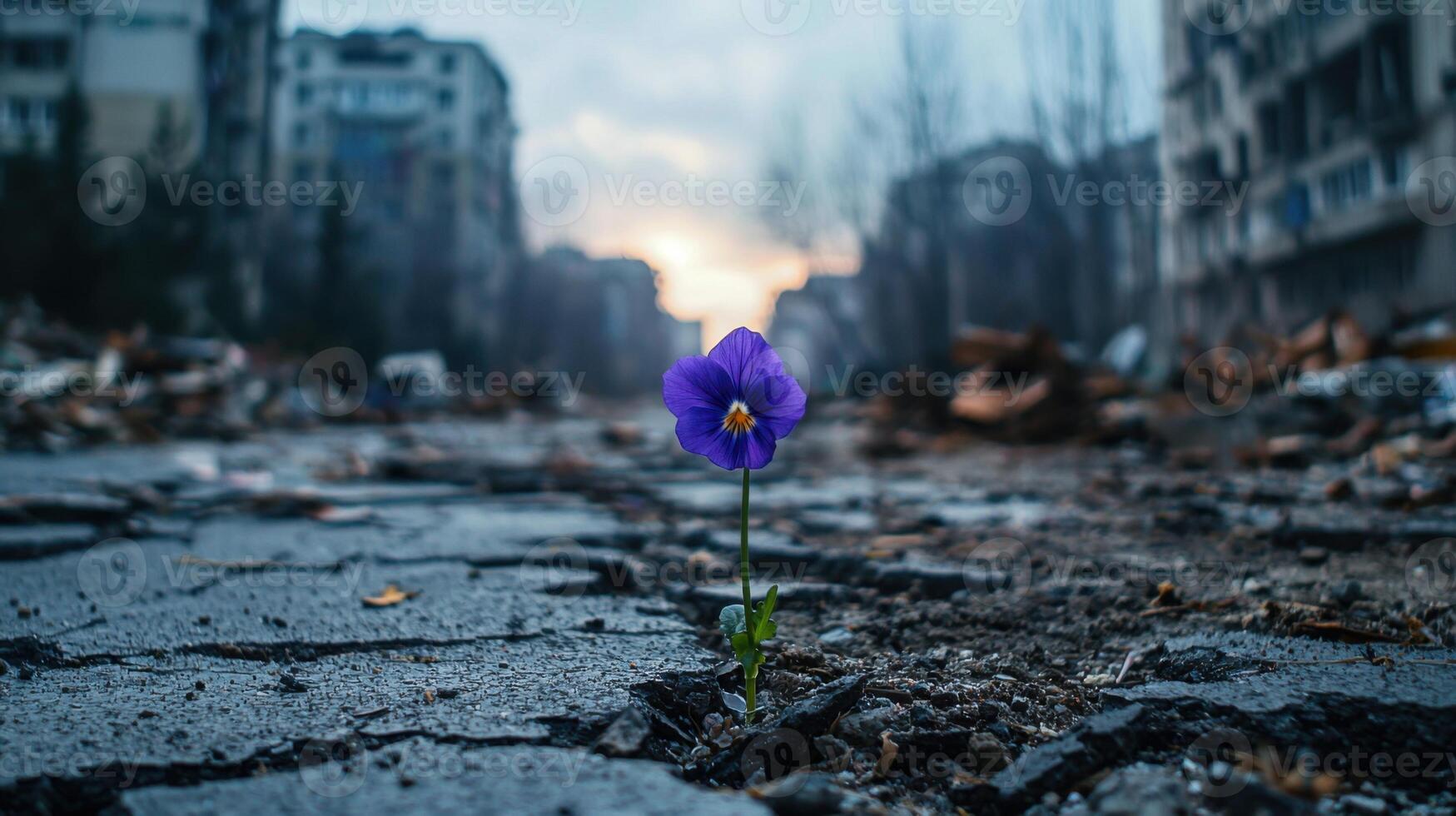 A single purple flower growing out of the ground in a city photo