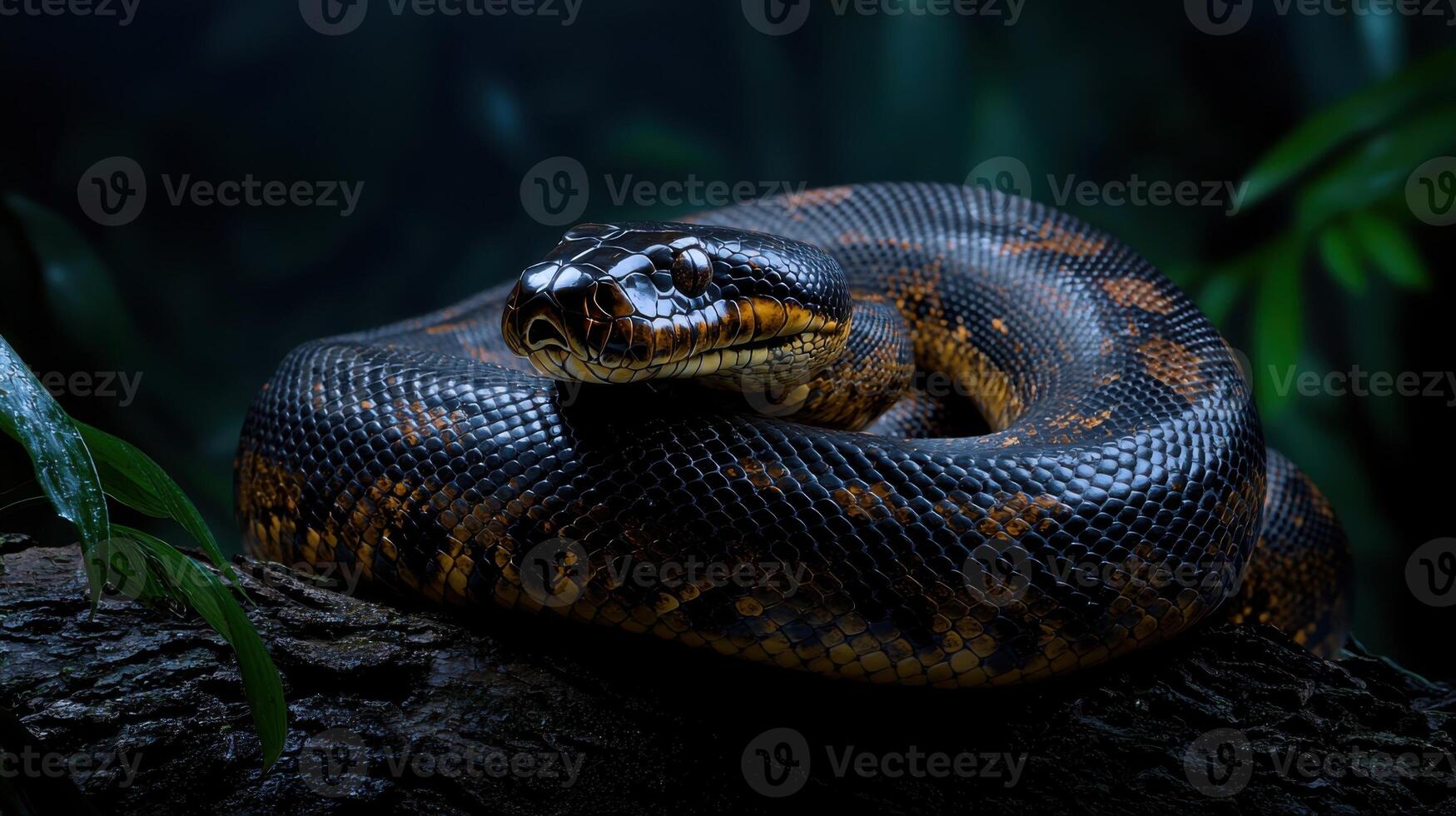 A snake is sitting on a branch in the dark photo