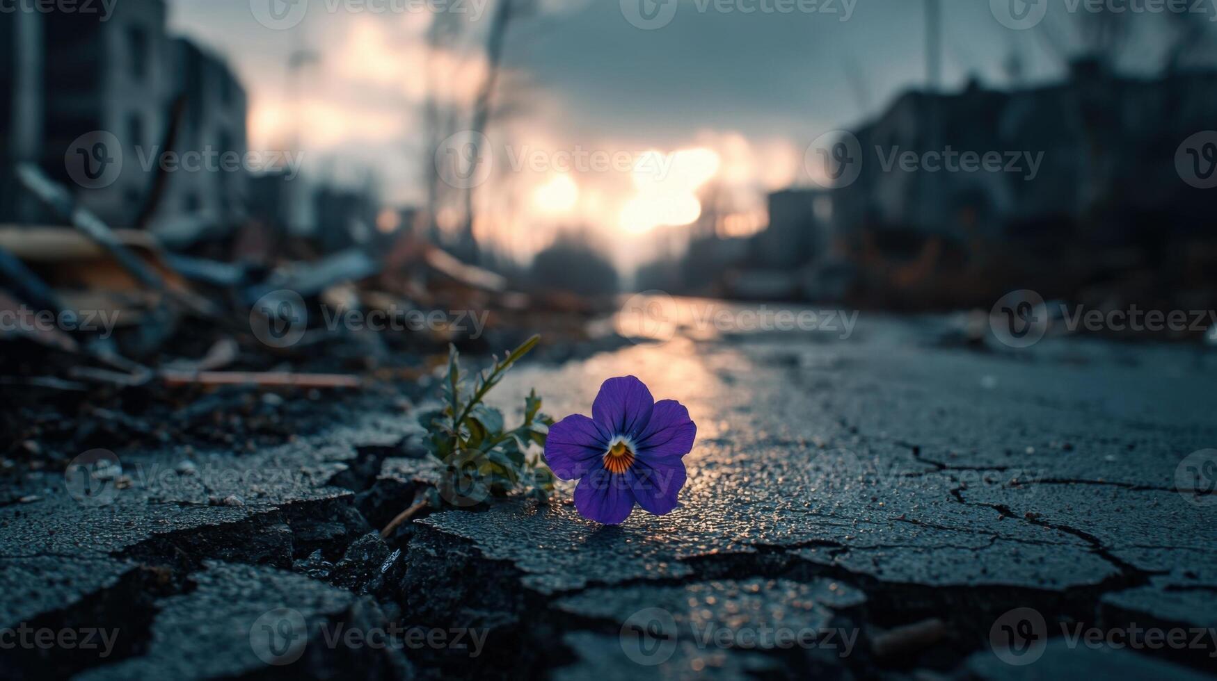 A purple flower sits on the ground in front of a destroyed city photo