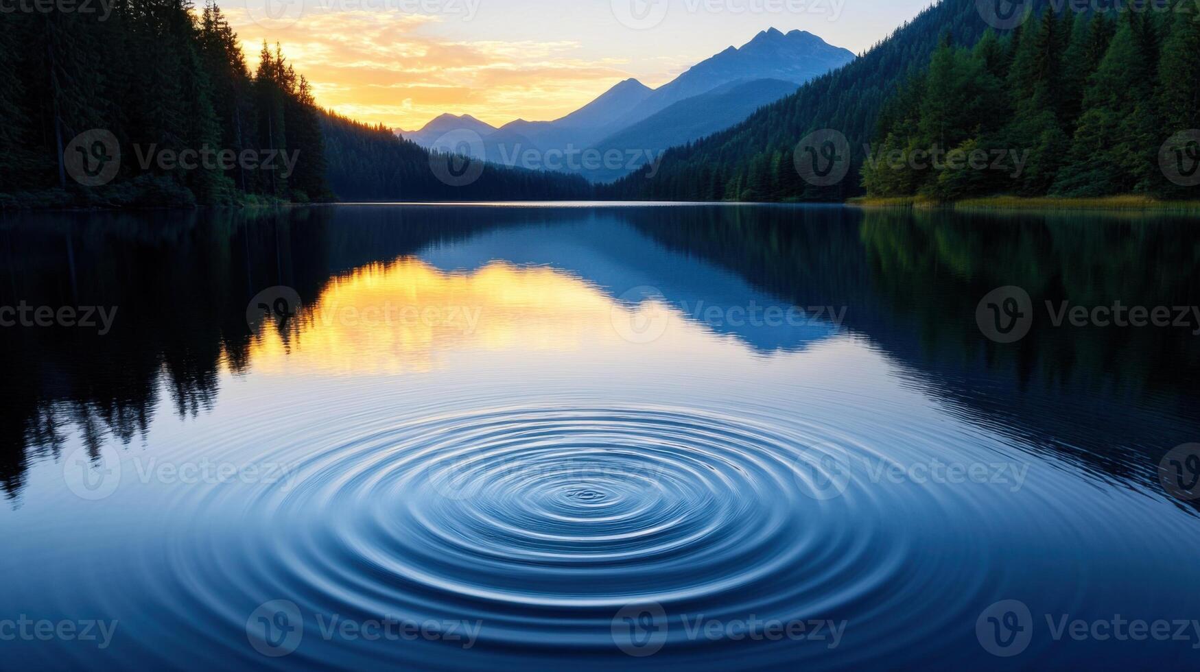 A serene lake captures the vibrant colors of sunset as mountains loom in the background. Ripples spread across the water, enhancing the tranquil scene among the trees photo
