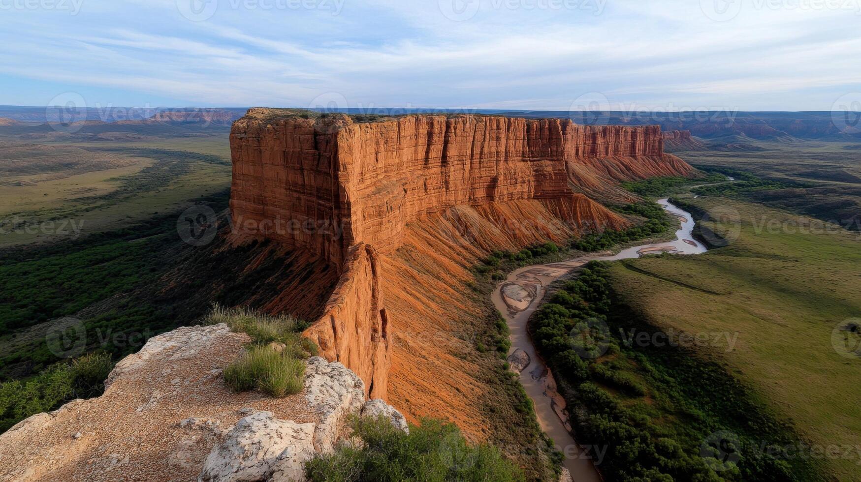 Golden sunlight casts a warm glow on towering orange cliffs that rise majestically above a meandering river, surrounded by verdant plains and distant hills photo