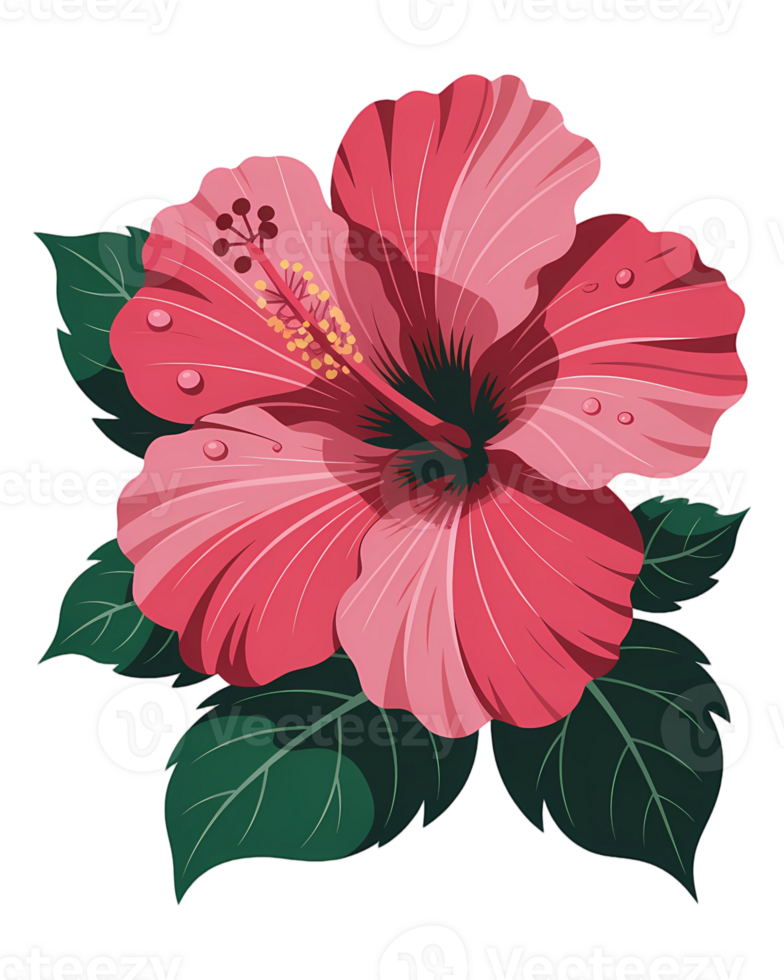 A vibrant pink hibiscus flower with green leaves and water droplets on a transparent background art png