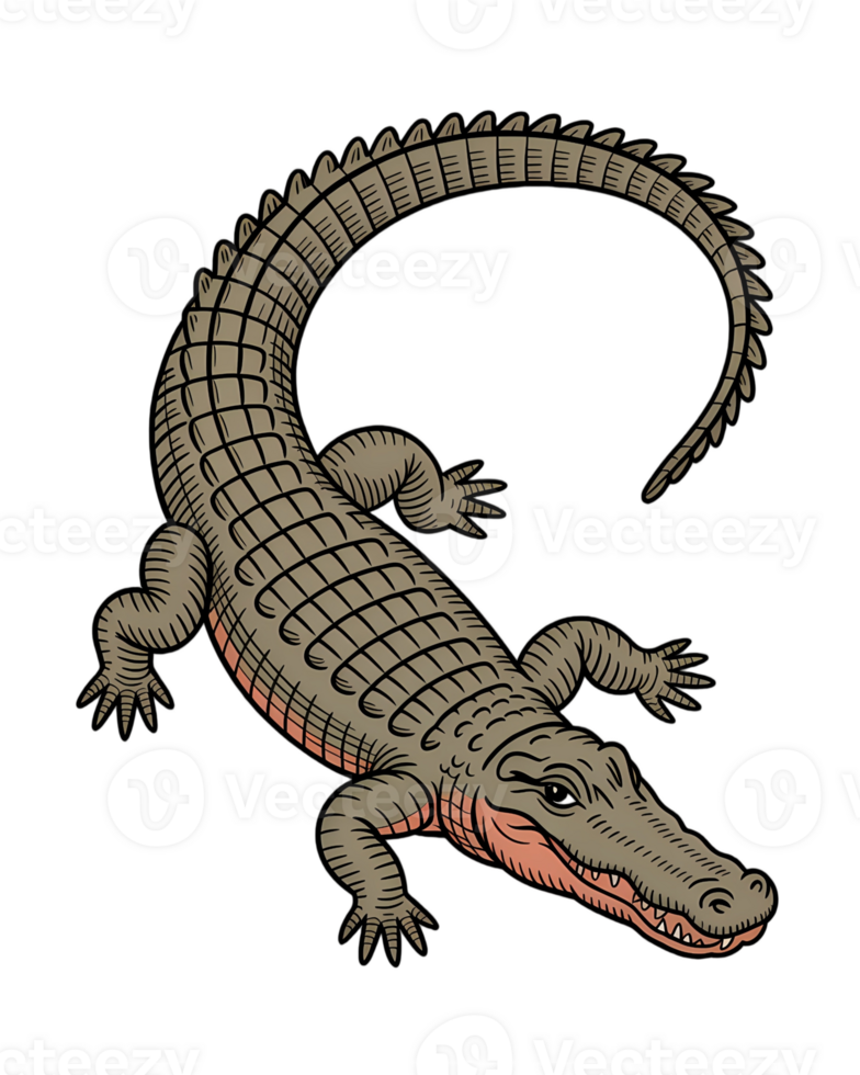 Illustration of a crocodile with a curved tail on a transparent background in a cartoon style png
