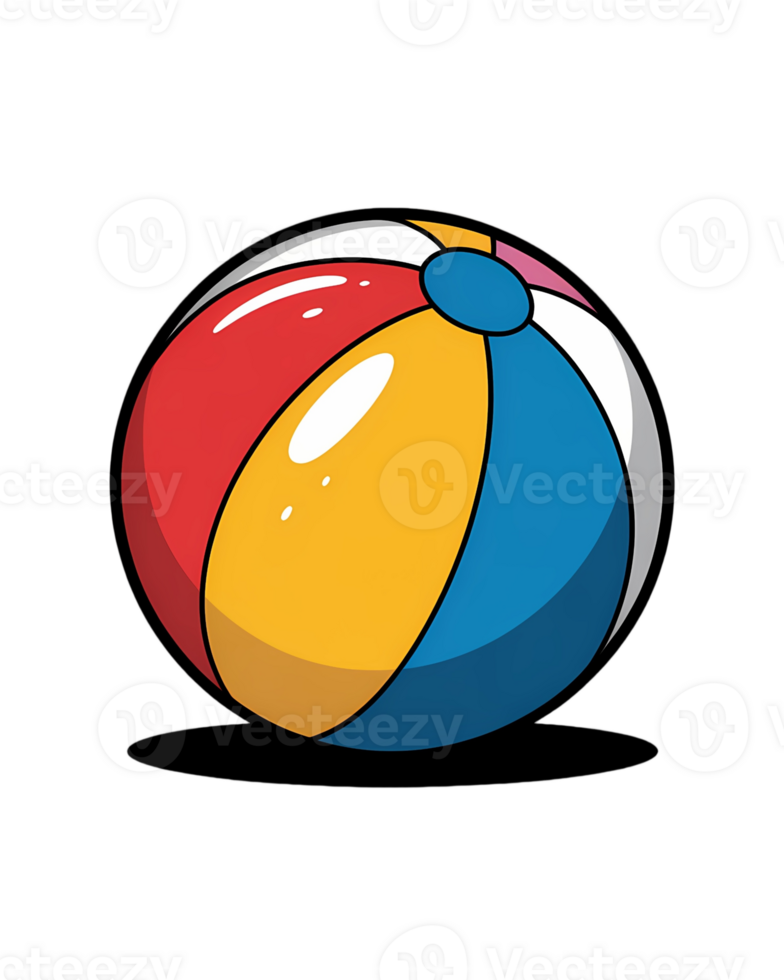 Cartoon beach ball on transparent background with red yellow blue and white color segments and round shape png