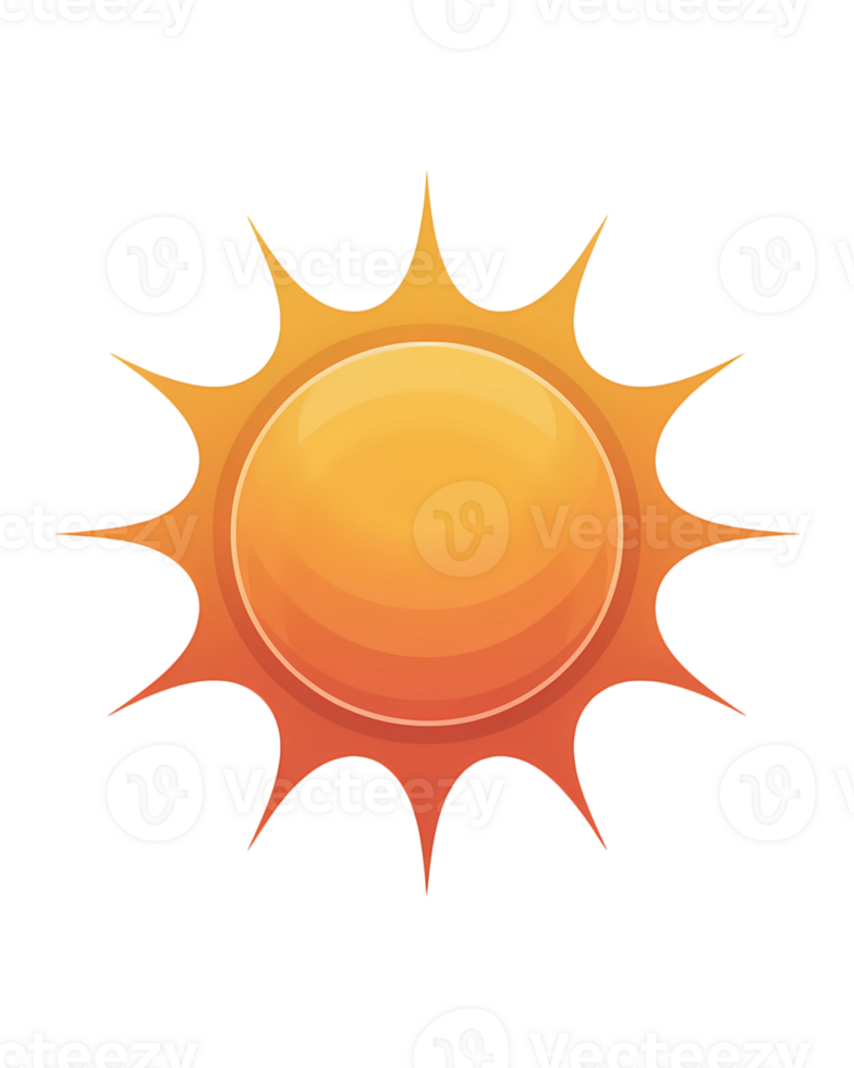 Illustration of a bright orange sun with sharp rays on a transparent background, graphic image png