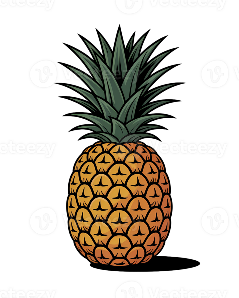 Isolated pineapple illustration with green leaves on a transparent background in cartoon style png