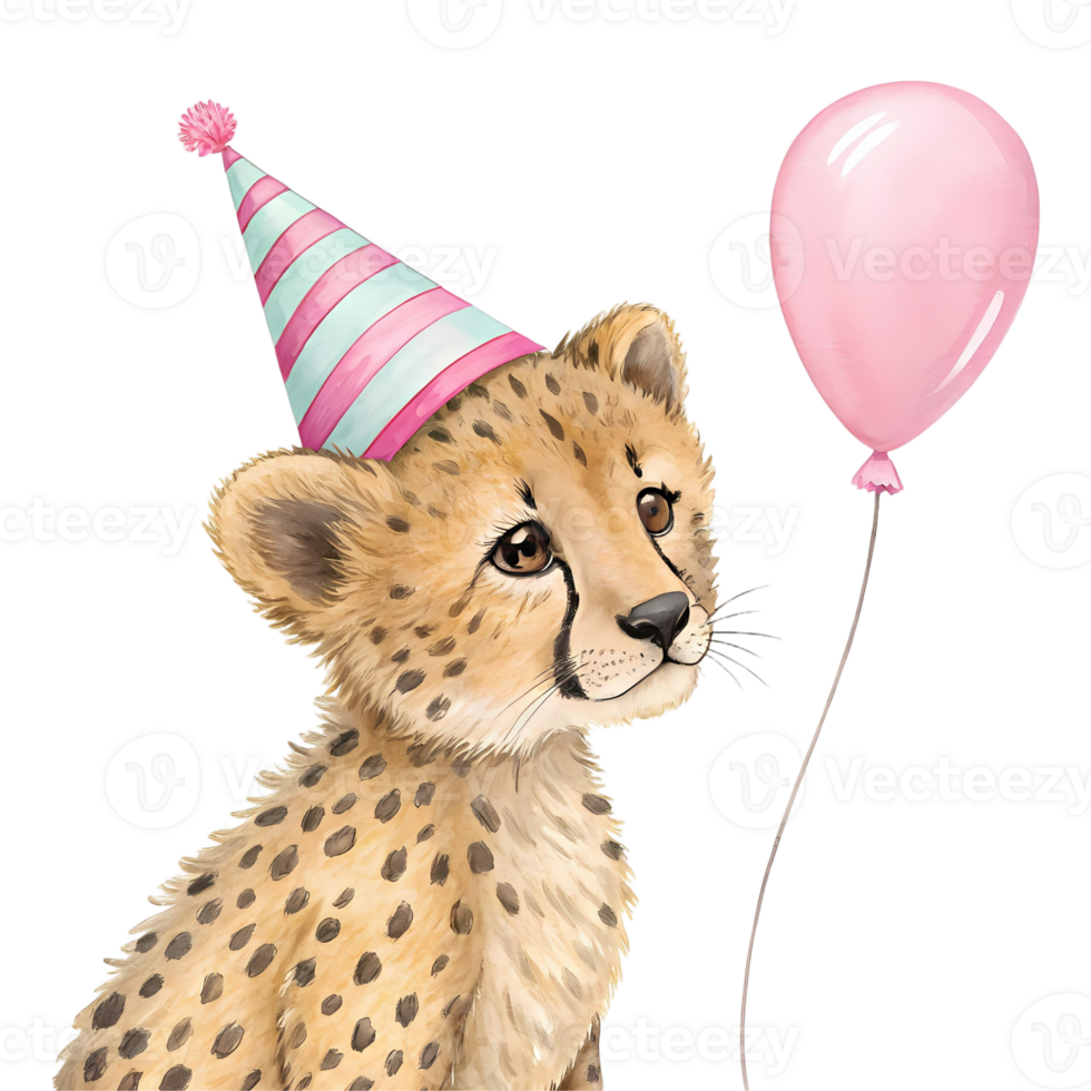 Cheetah cub celebrating birthday with pink balloon png