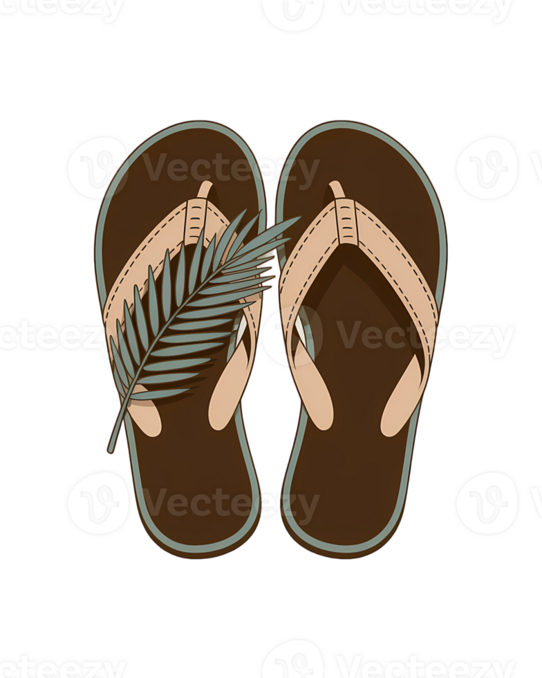 Brown flip flops with palm leaf on transparent background for summer vacation and beach holiday vibes png