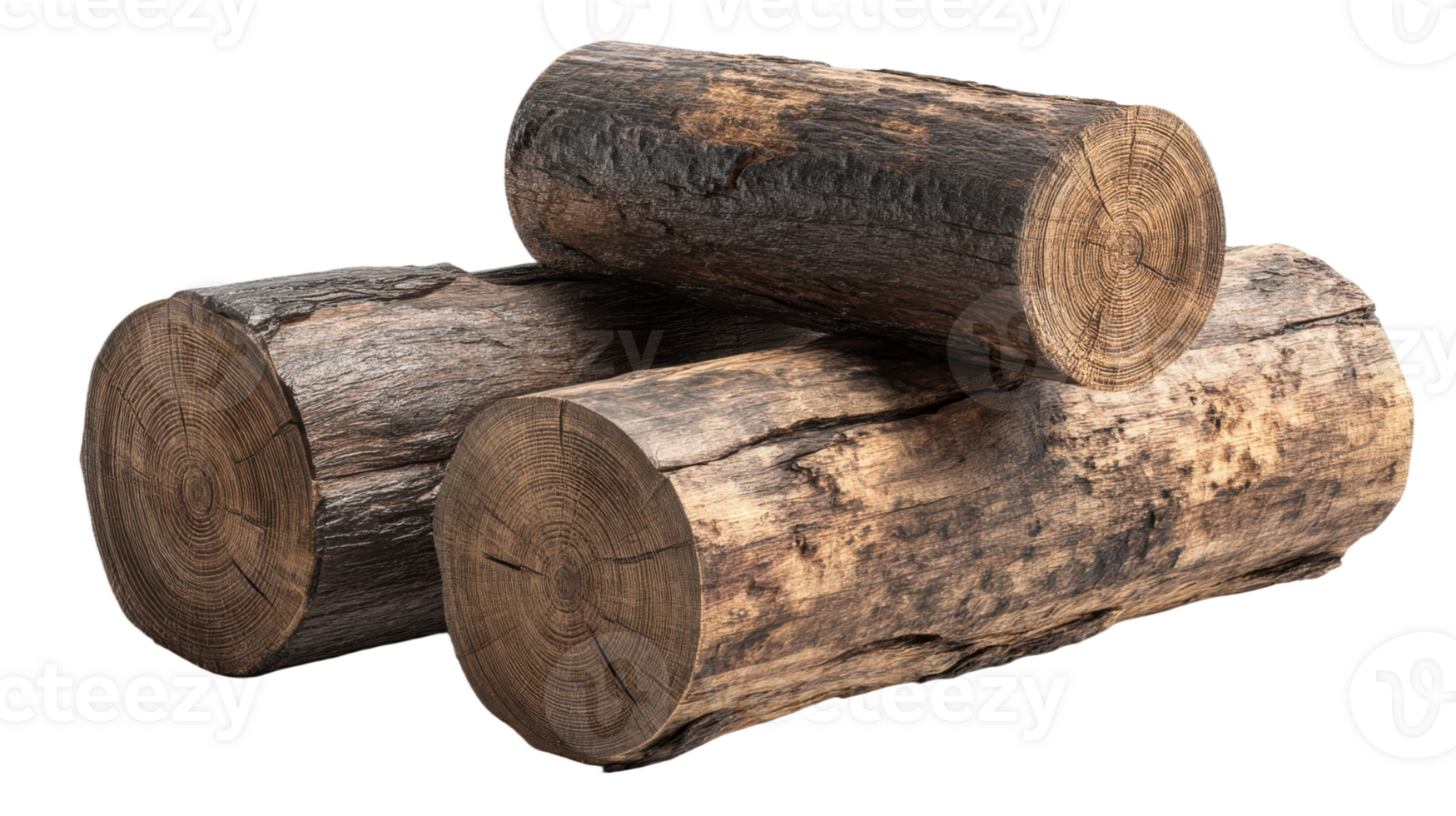Pile of three logs with visible tree rings and bark texture on a transparent background png
