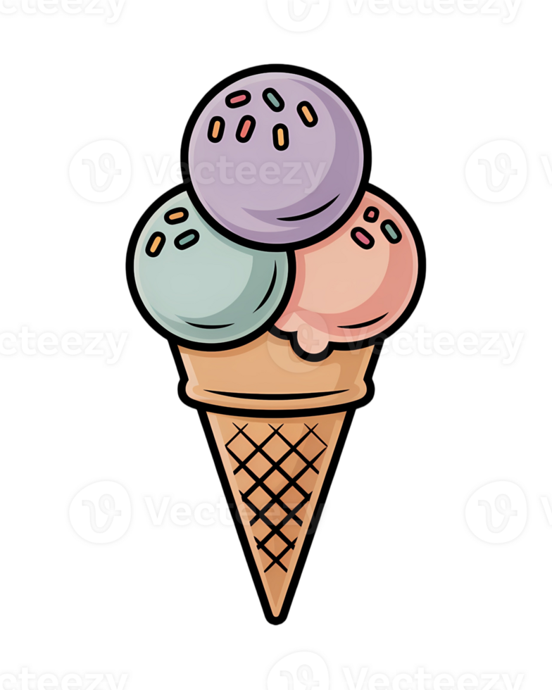Cartoon ice cream cone with three scoops of different flavors on a transparent background image design png