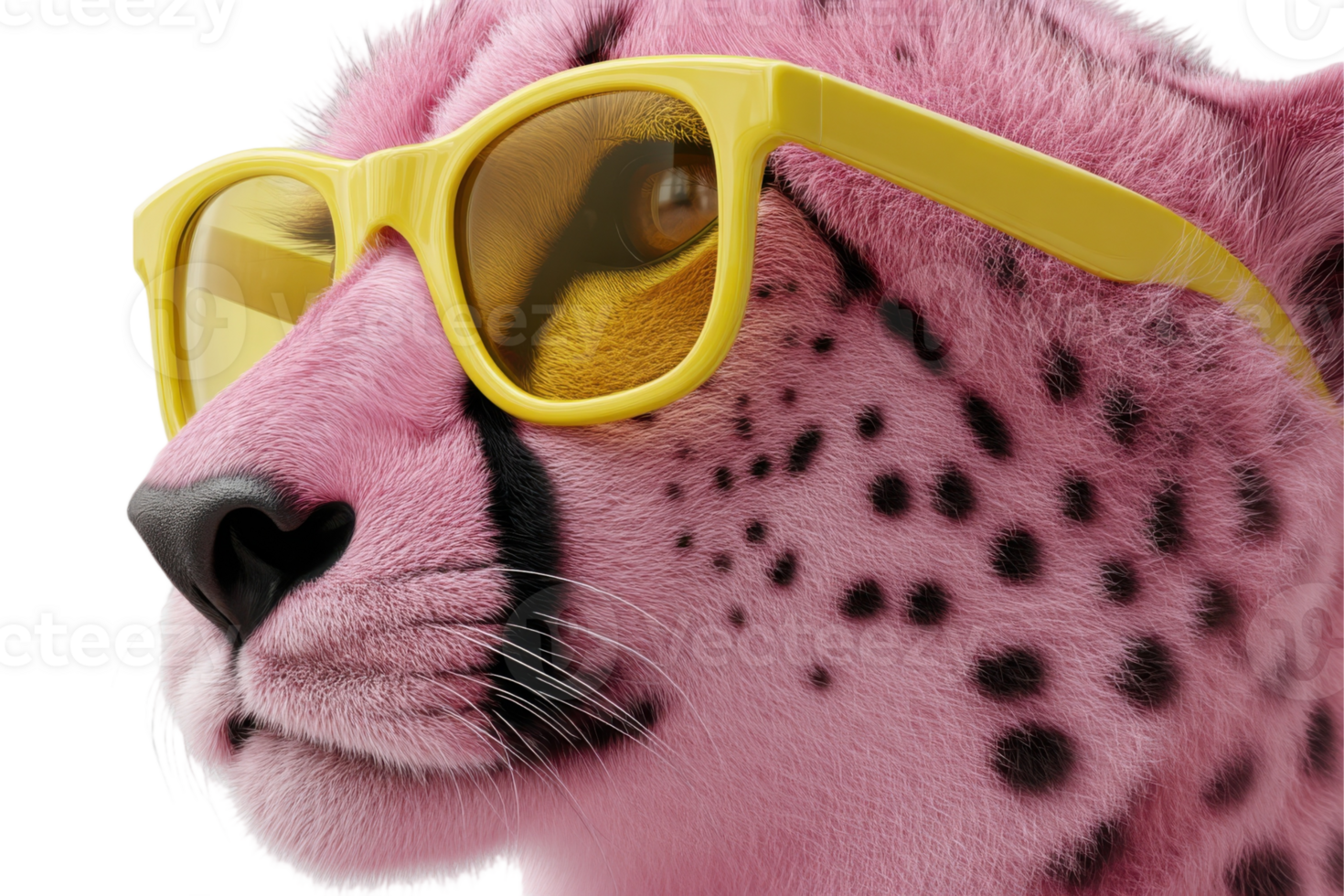 Close up of a pink cheetah wearing yellow sunglasses with a transparent background for creative design png