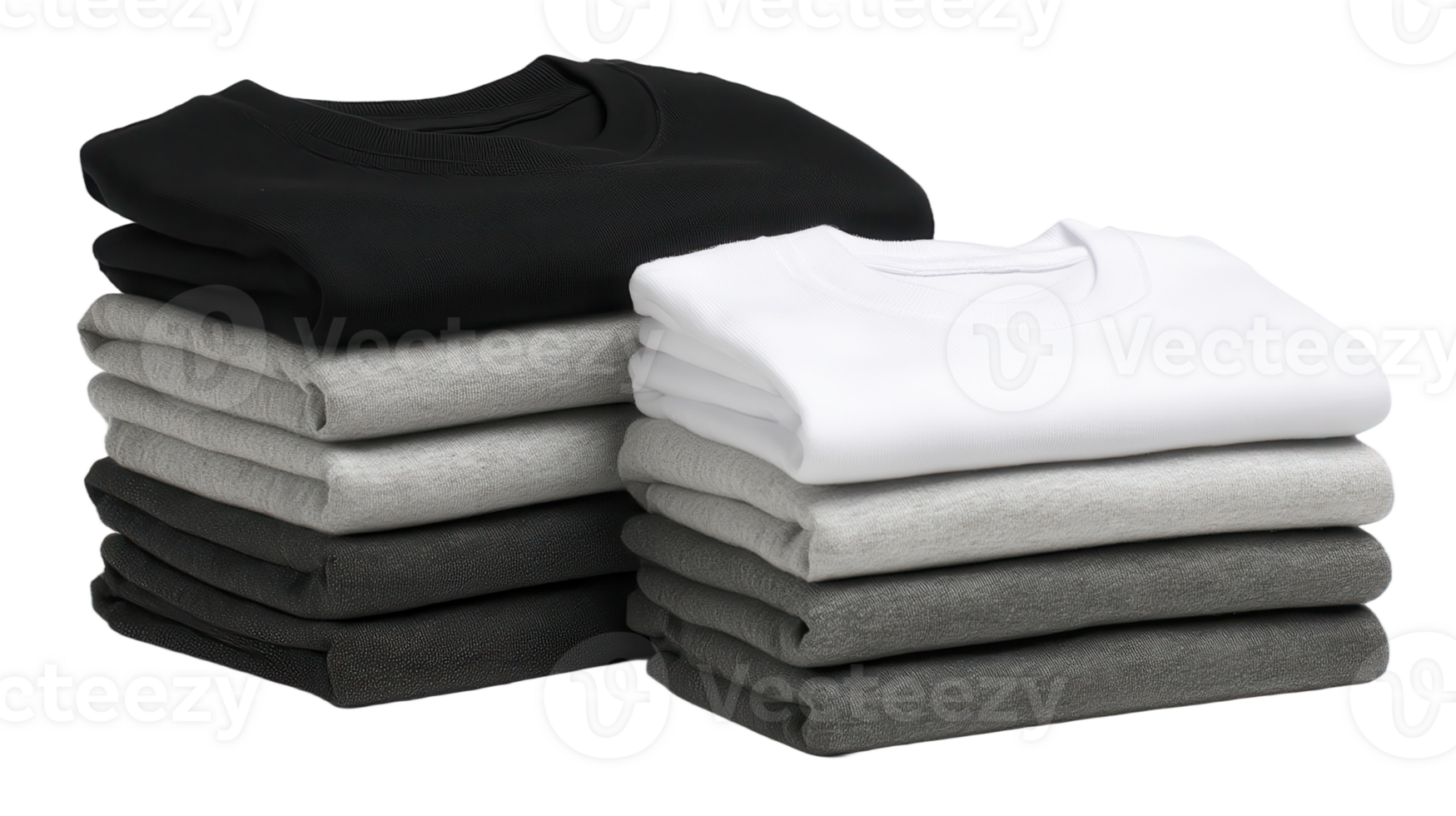 Stacks of folded t shirts in black white and gray on a transparent background for product mockup and design png