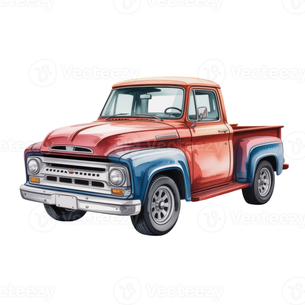 Illustration of a classic red and blue pickup truck with a vintage aesthetic on a transparent background png
