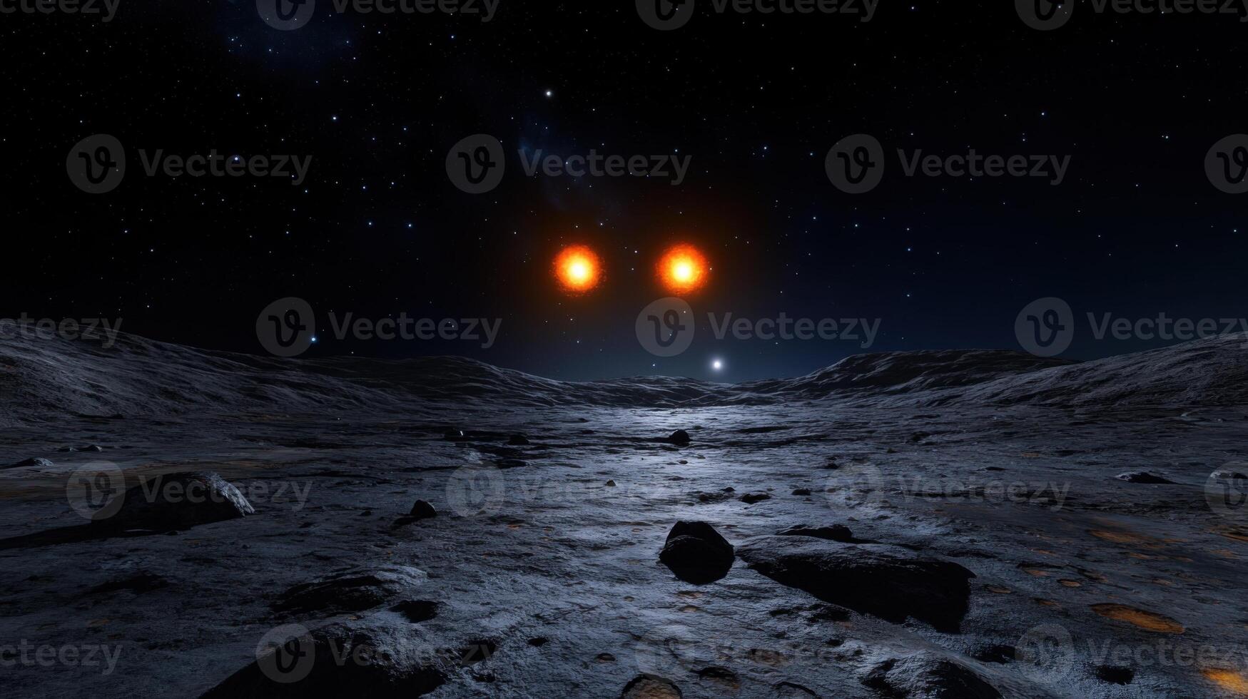 A surreal extraterrestrial landscape reveals two bright suns casting shadows on rocky terrain under a starry night sky. A distant star twinkles in the background, enhancing the cosmic atmosphere photo