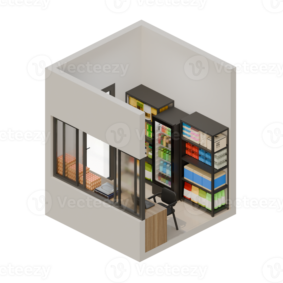 Small Shop Front Right View Isometric 3D Render Illustration png