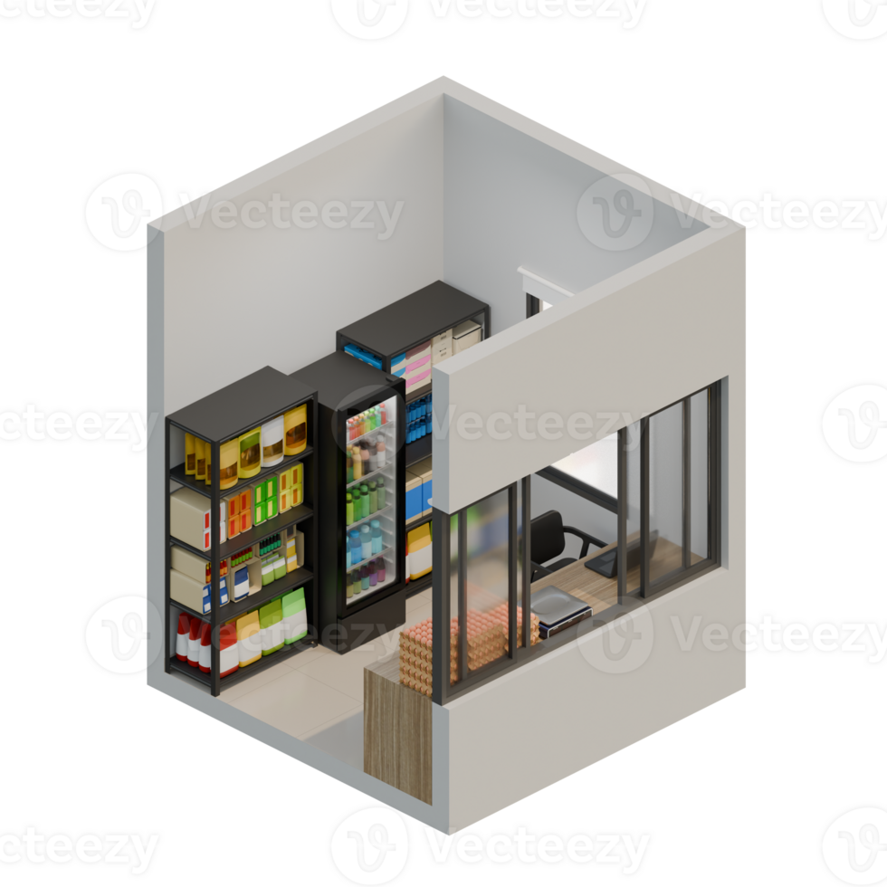 Small Shop Front Left View Isometric 3D Render Illustration png