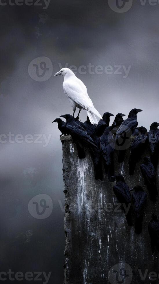 A flock of black birds sitting on top of a concrete wall photo