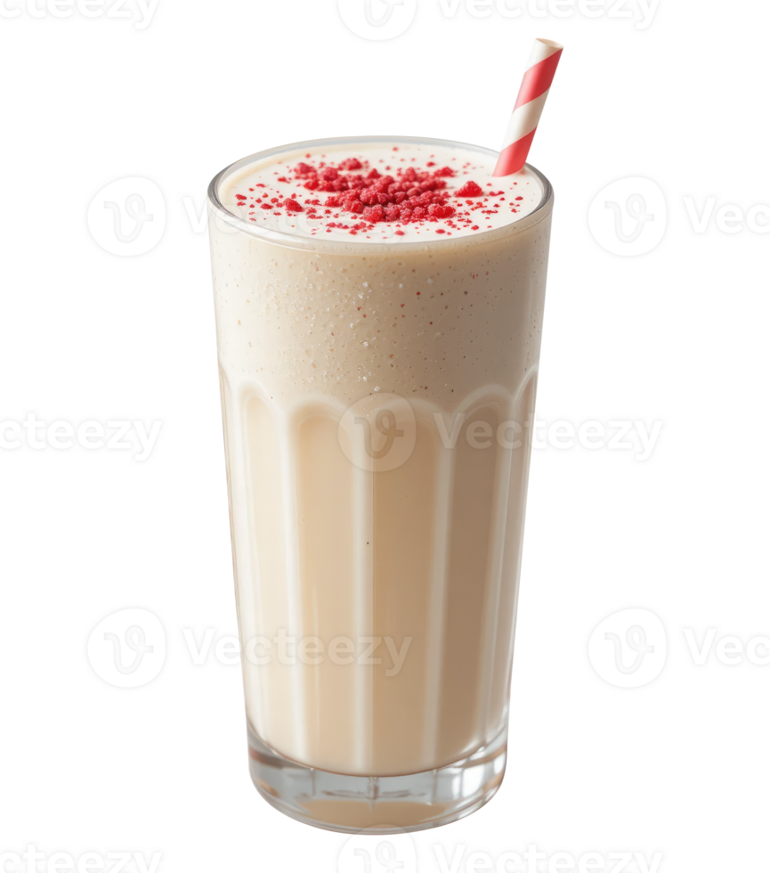 Creamy Vanilla Milkshake in Glass with Red Pomegranate and Straw, Refreshing Cold Beverage Isolated on Transparent Background. png