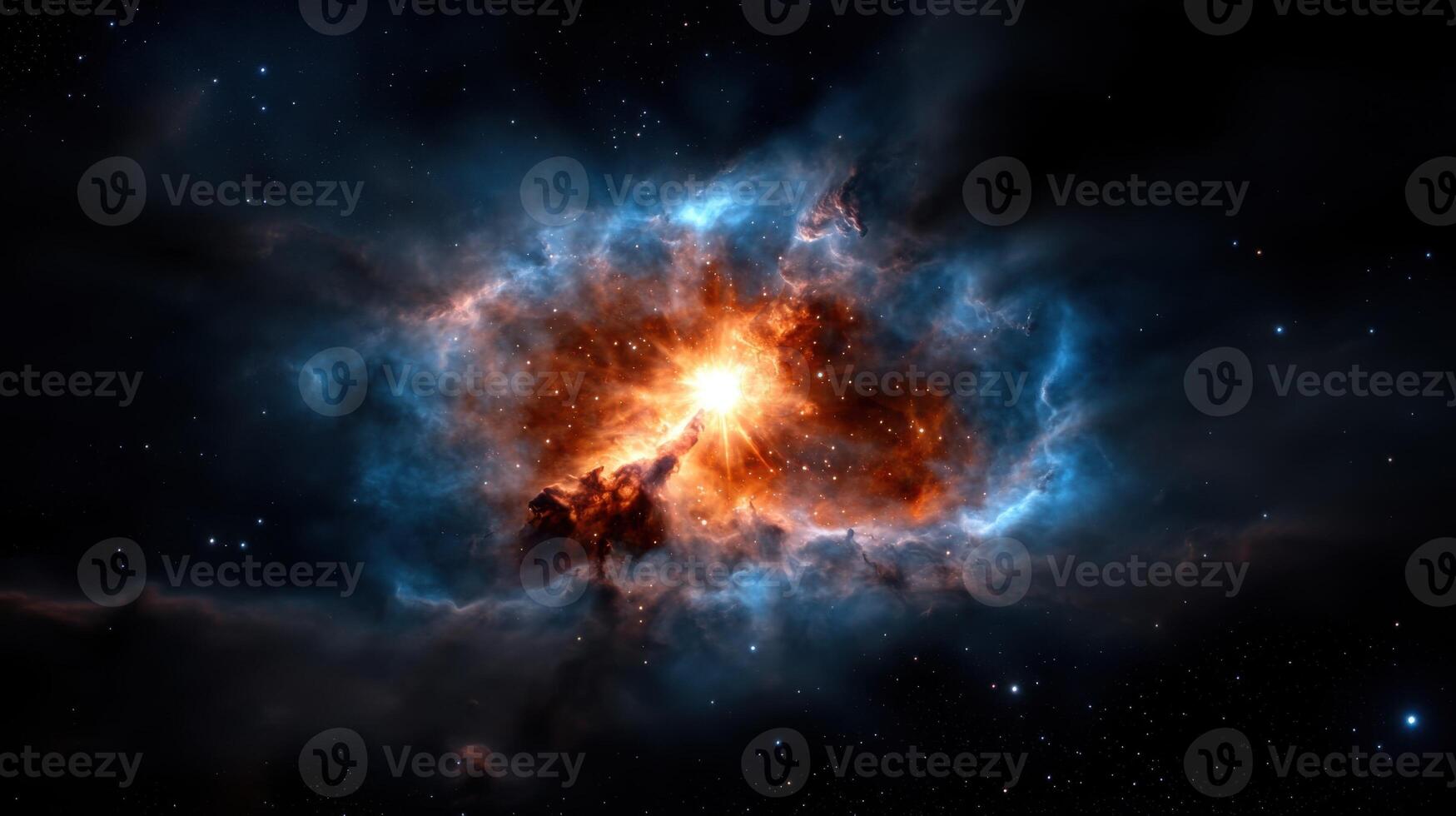 A vibrant celestial explosion unfolds in deep space, showcasing swirling clouds of gas and dust illuminated by brilliant stars. This cosmic spectacle reveals the beauty of the universe photo