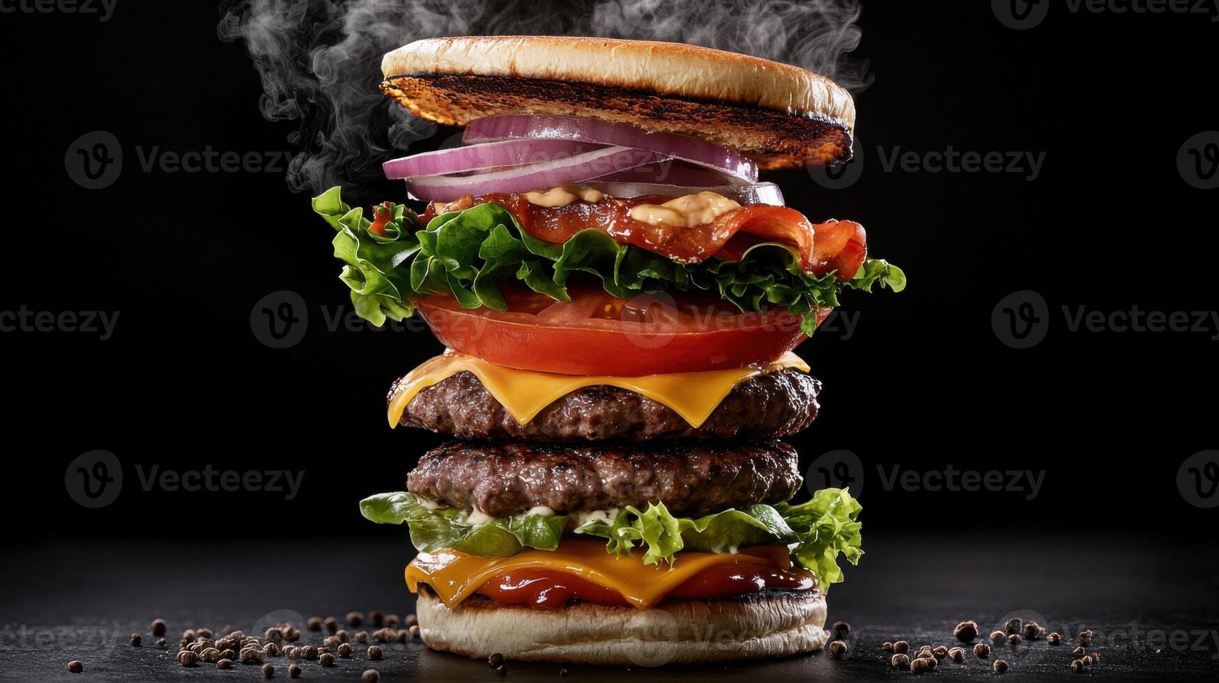 A large hamburger with cheese, lettuce, tomato and onion photo