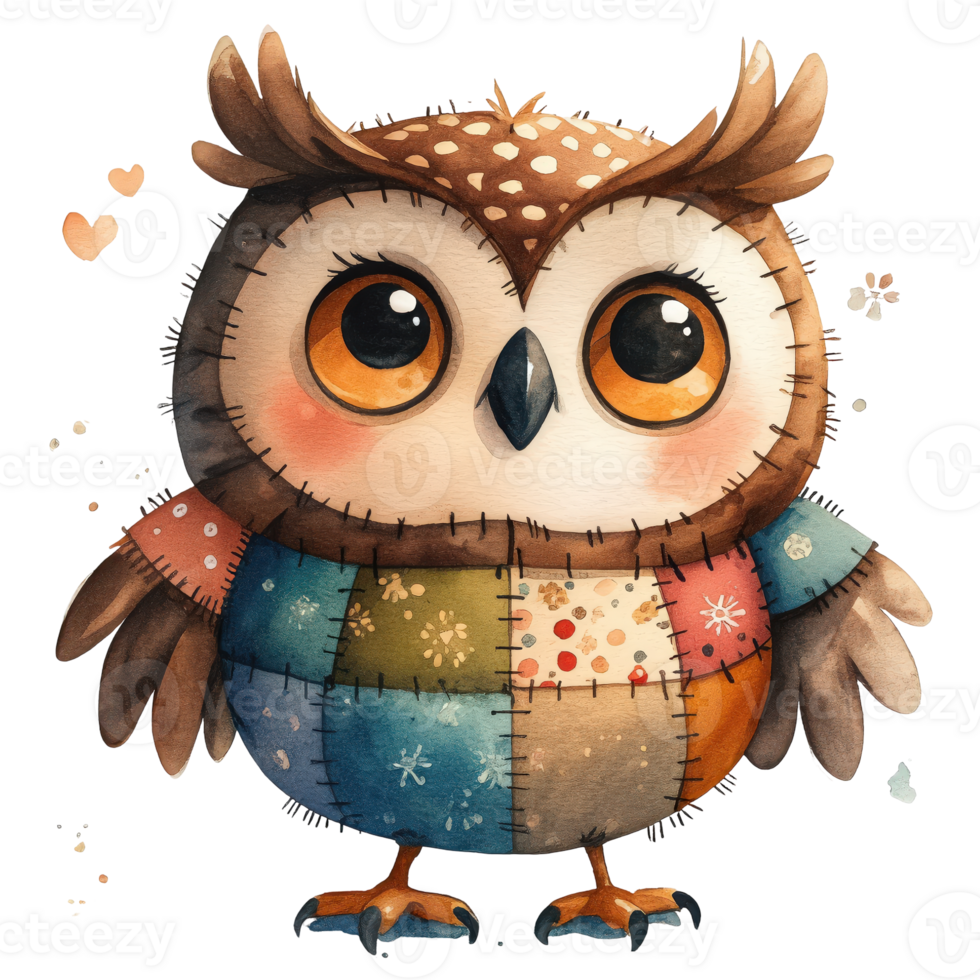 A charming and colorful owl with a unique patchwork design, looking directly at the viewer with captivating eyes. The owl is created with an adorable artistic style, evoking a sense of warmth and joy. png