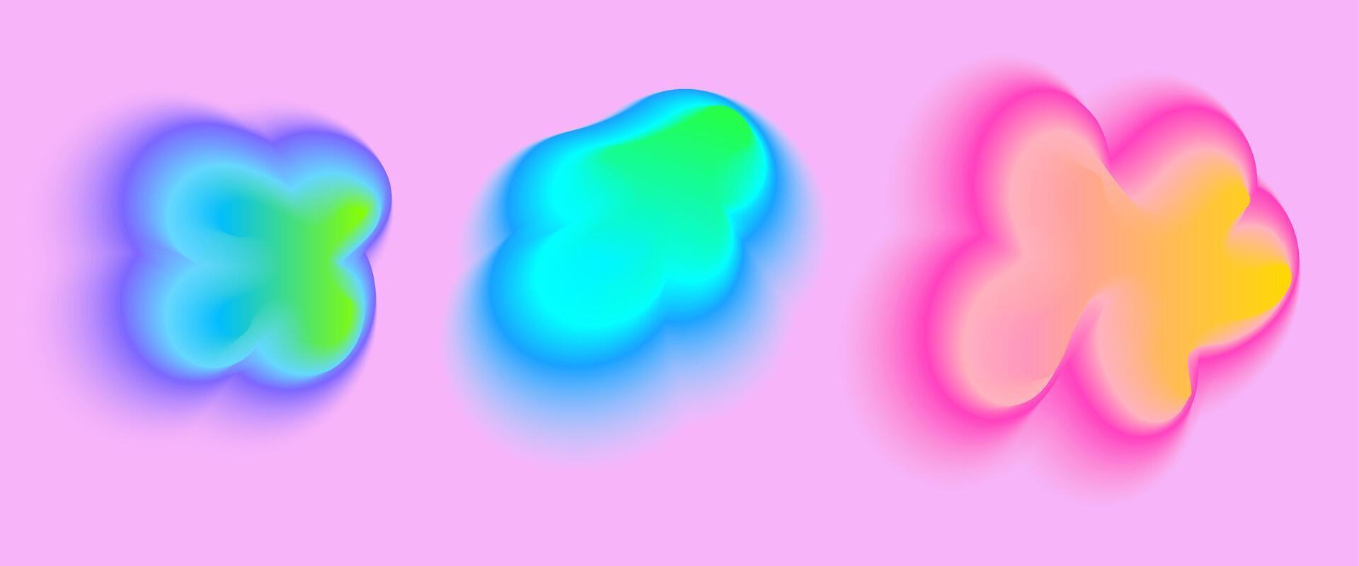 Set color neon irregular blobs gradient, blend gradation. Abstract colorful blur shapes on light pink background. Abstract y2k pop design elements Aura concept with glow effect illustration. vector