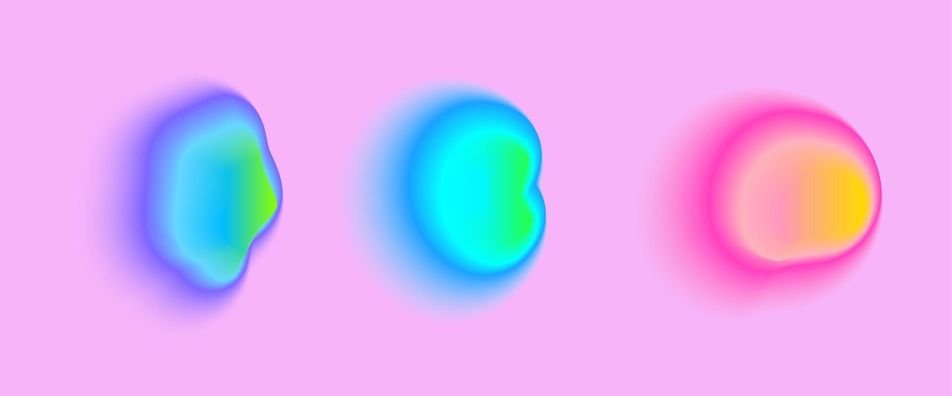 Set color neon irregular blob gradient, blend gradation Abstract colorful blur shapes on light pink background. Abstract y2k pop design elements Aura concept with glow effect illustration. vector