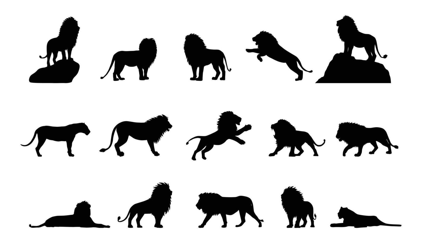 lion silhouettes roaring, standing, resting, walking silhouette. vector