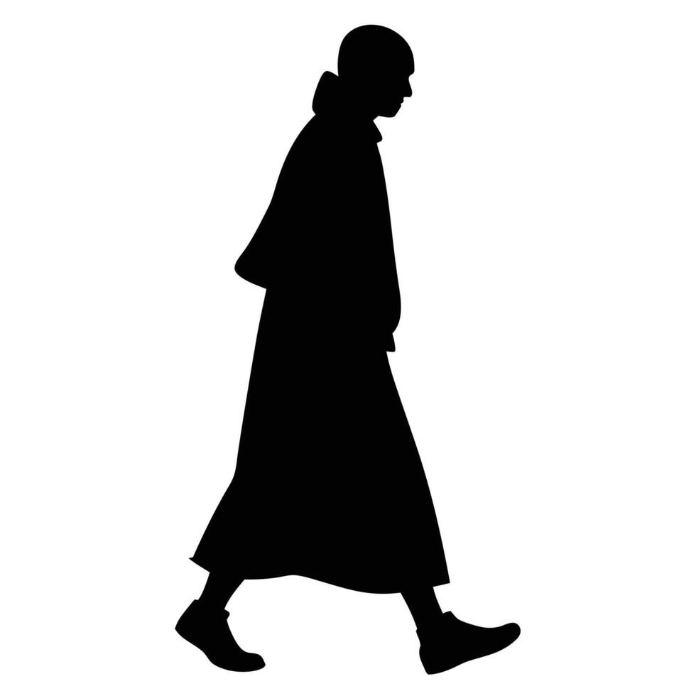 Dark Silhouette of a Person Walking in Long Coat on White Background vector