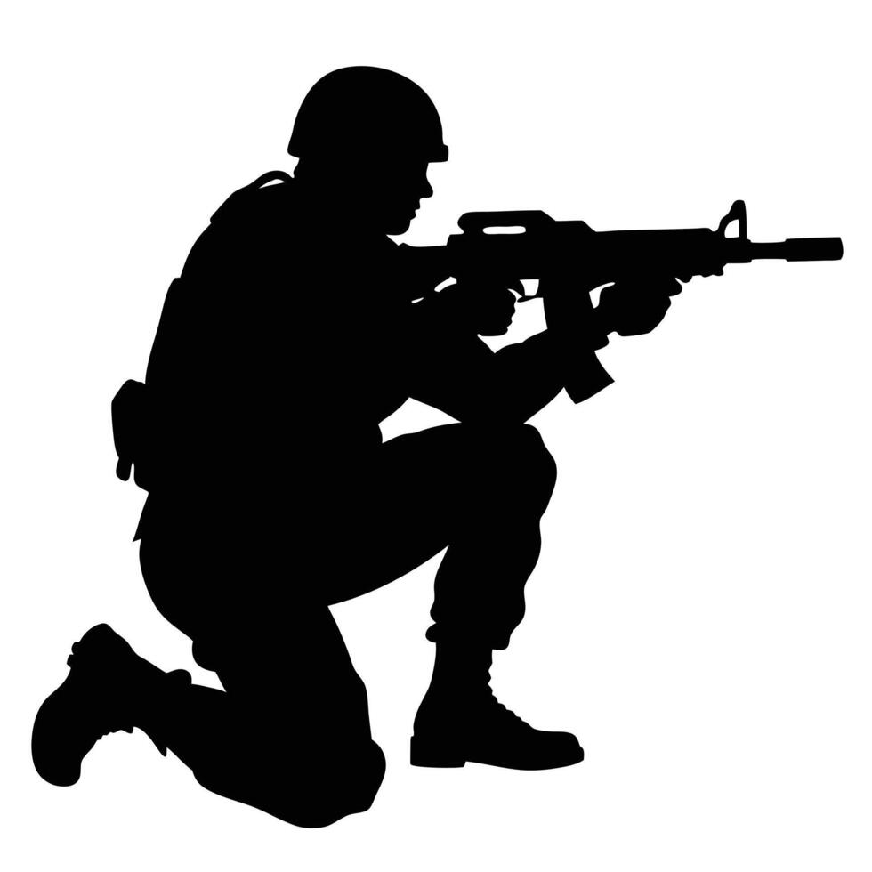 Silhouette of Soldier Kneeling and Aiming Rifle for Military Concept Representation vector