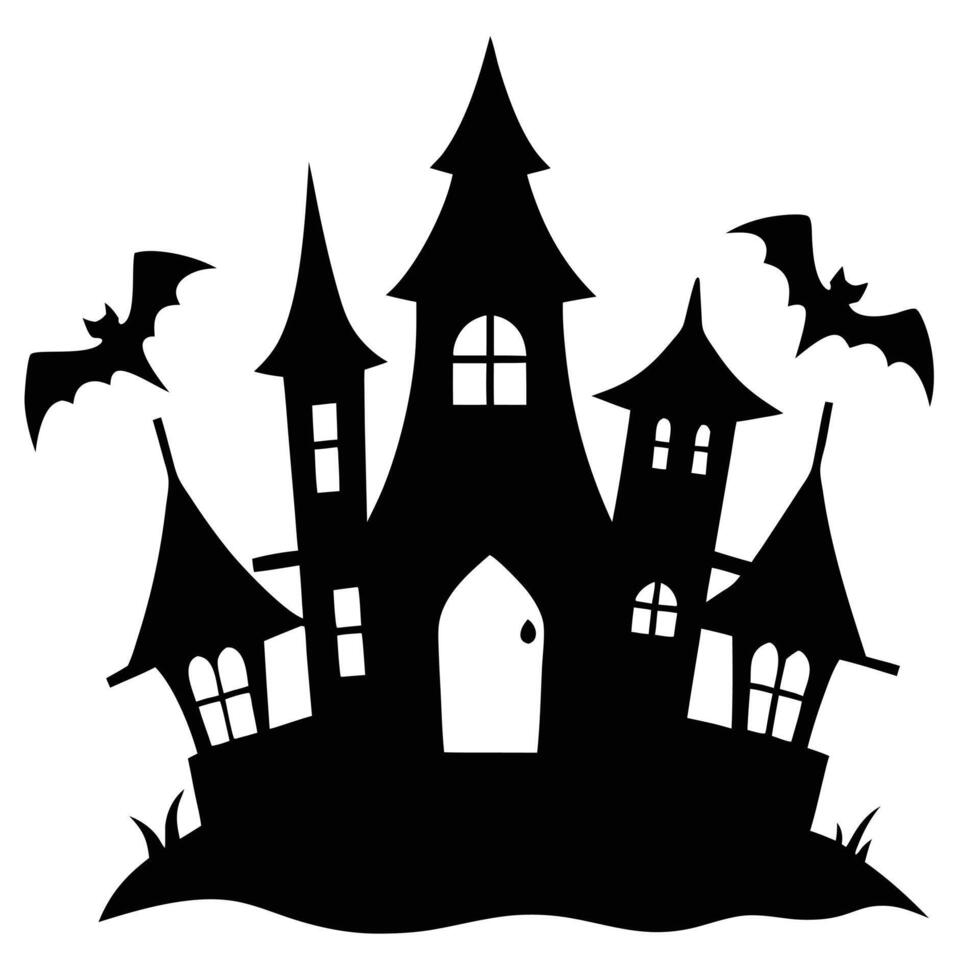 Spooky Silhouette Halloween Castle with Bats Flying Around on a White Background vector