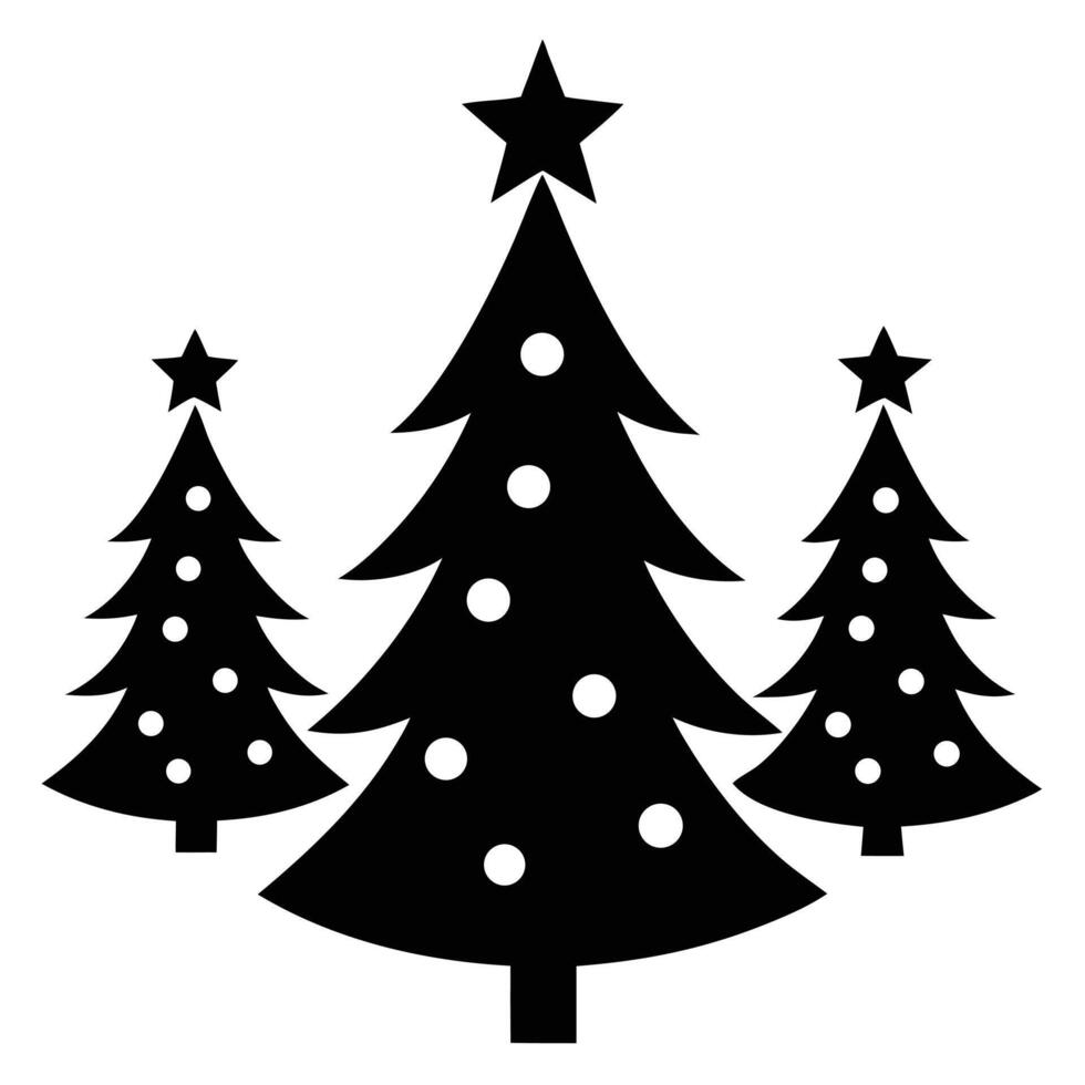 Three Black Christmas Trees Adorned with White Ornaments and Topped with Stars on White Background vector