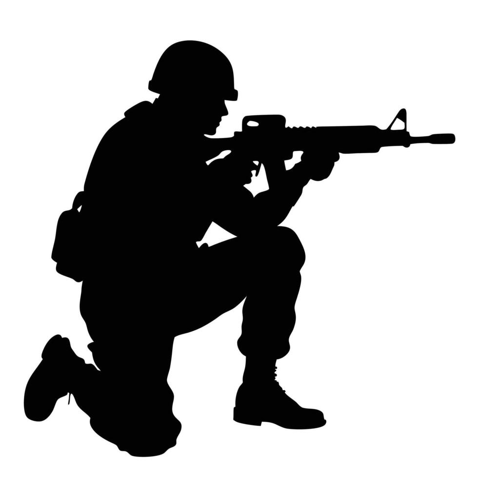 Silhouetted Soldier Kneeling, Aiming Rifle Military and Armed Forces Illustration vector
