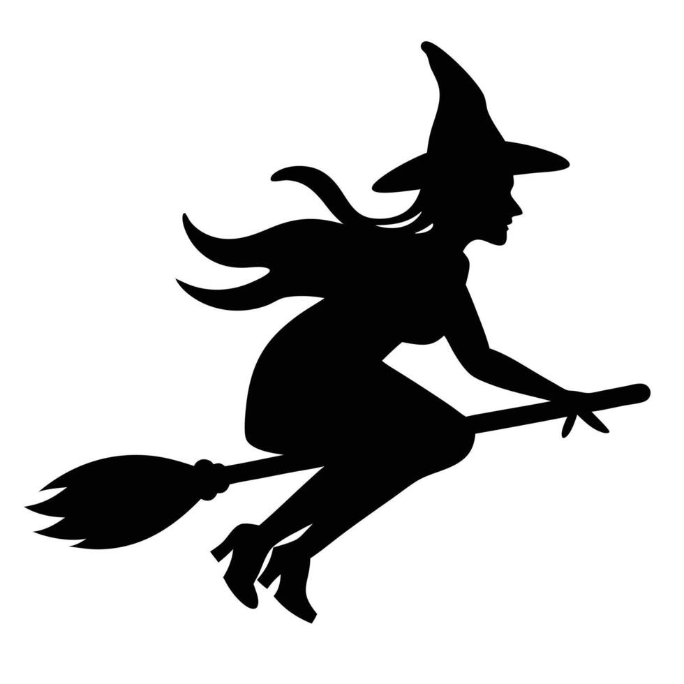 Silhouette Witch Flying on Broomstick Halloween Illustration in Black and White vector