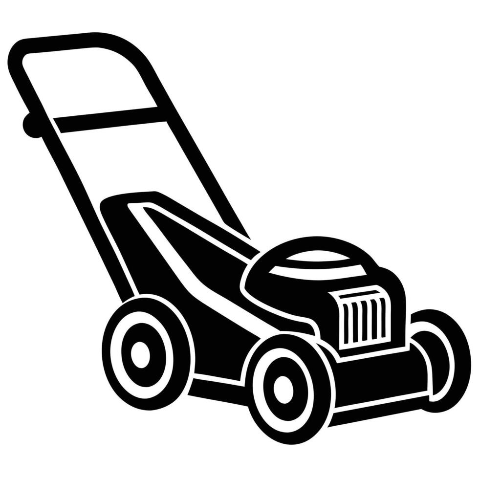 Black and White Line Art Illustration of a Push Lawn Mower Side View vector