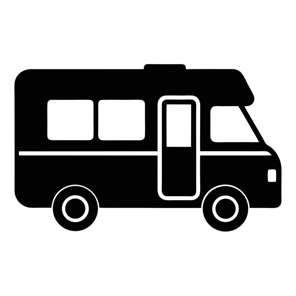 Black and White Icon Depicting a Motorhome with Windows and Door Silhouette Design vector