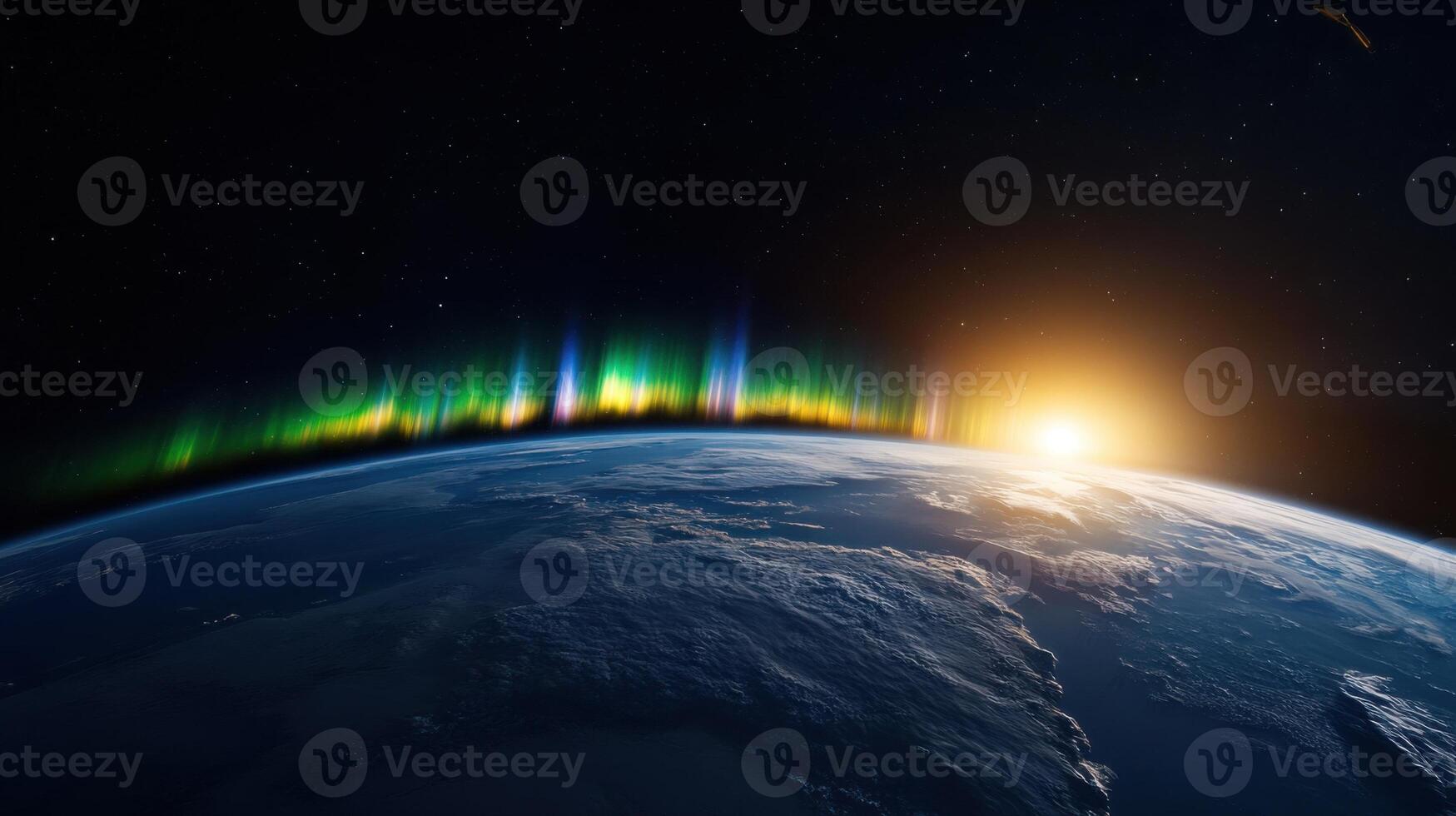 Vibrant auroras illuminate the Earth as the sun rises over the horizon, creating a breathtaking display of colors visible from space, showcasing the beauty of our planet photo