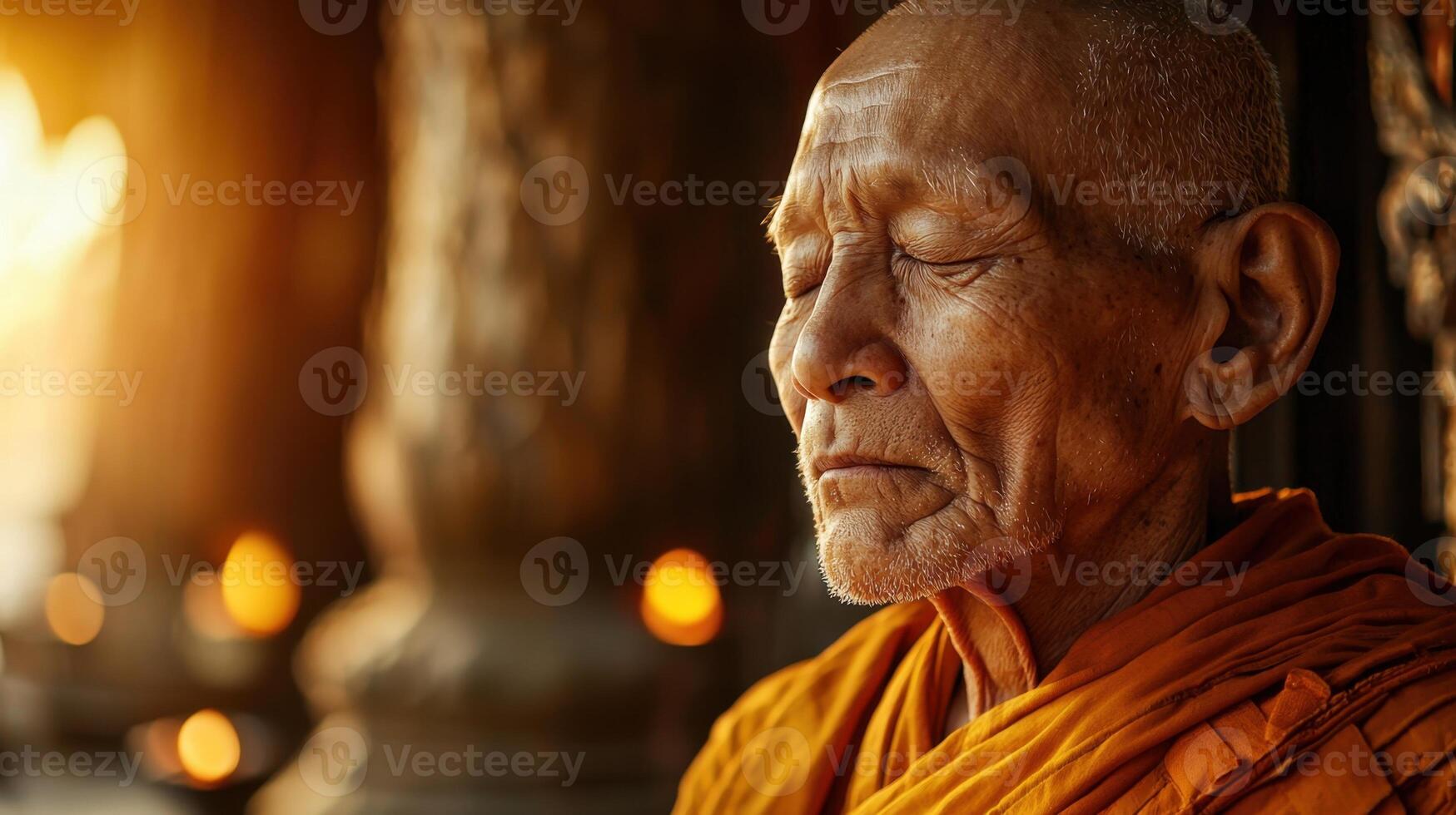 An old monk is sitting in a temple photo