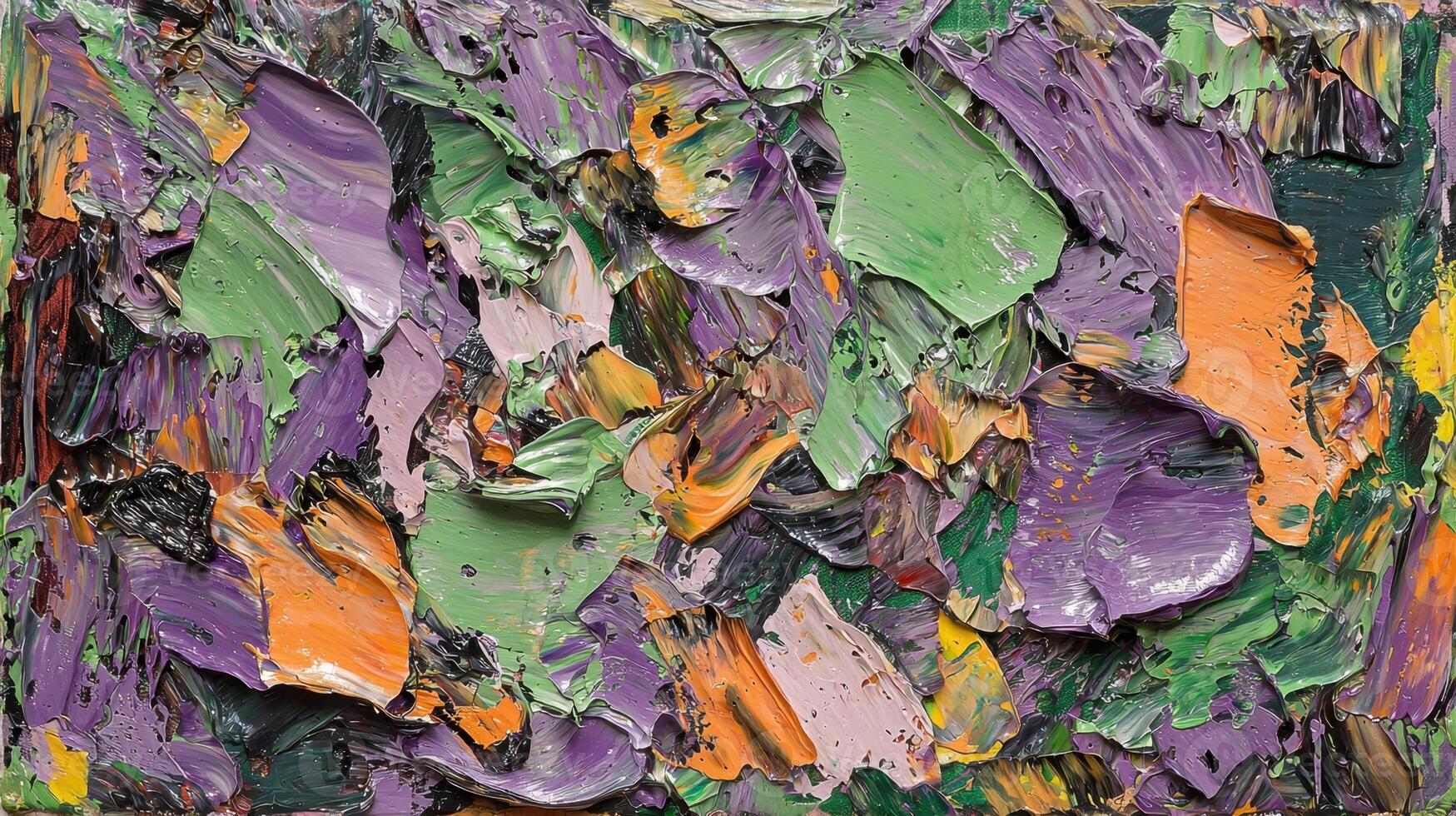 Vivid colors blend together in an abstract composition, showcasing bold strokes of purple, green, and orange. The artwork exudes a sense of dynamic energy and creativity photo