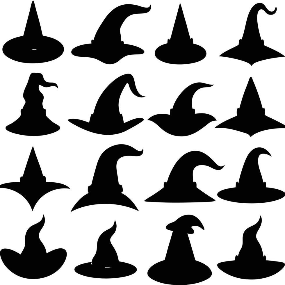 Black Halloween Witch Hat Silhouettes Collection Spooky Wizardry Icons, Witchcraft Graphics vector