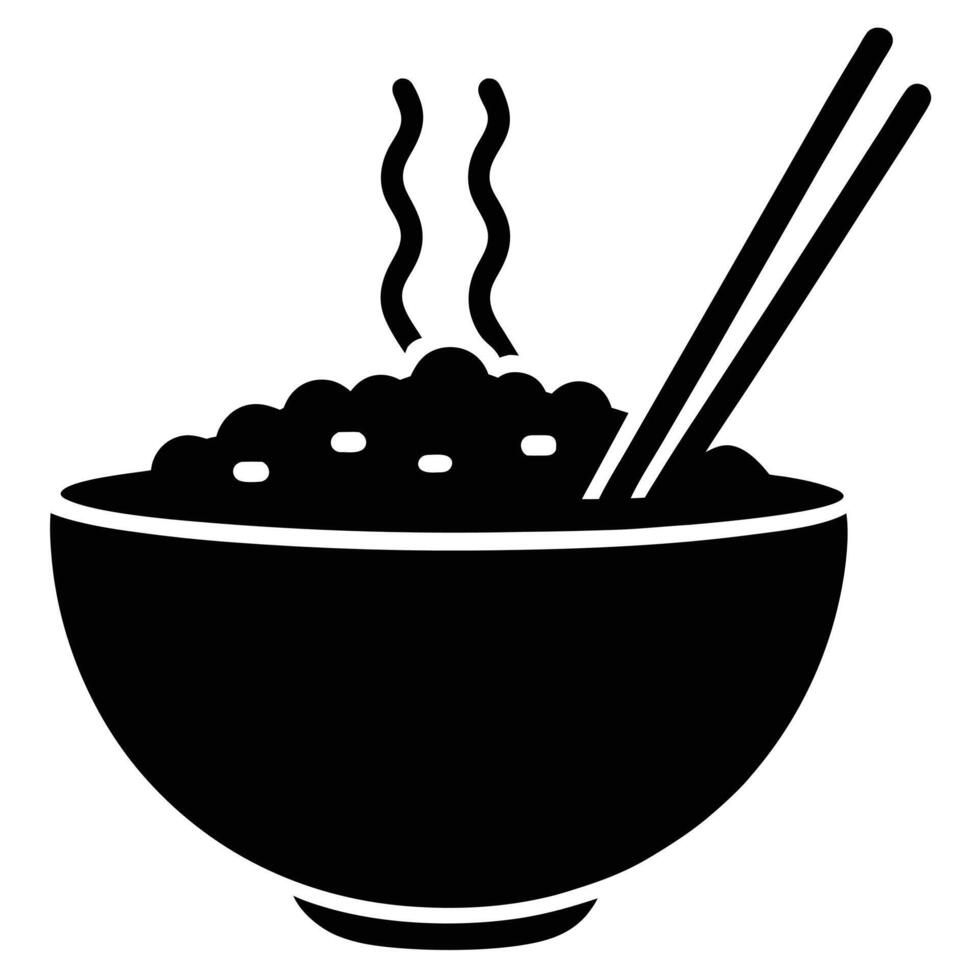 Steaming Bowl of Rice with Chopsticks, Solid Black and White Illustration vector