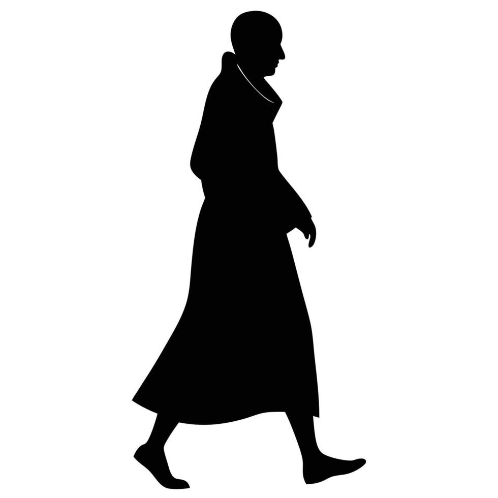 Silhouette of Bald Man Walking Barefoot Wearing Long Coat Isolated on White vector