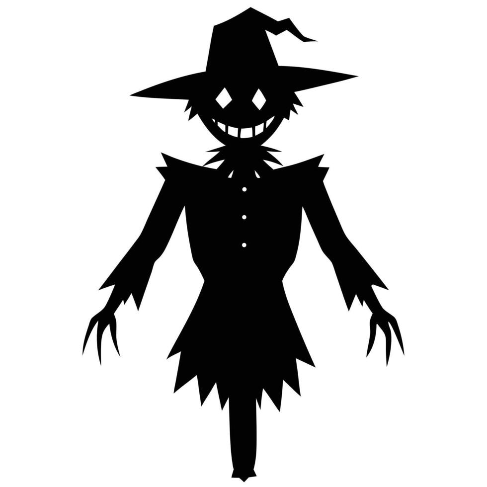 Silhouetted Spooky Scarecrow with Witch Hat, Buttoned Shirt, and Sharp Claws Illustration vector